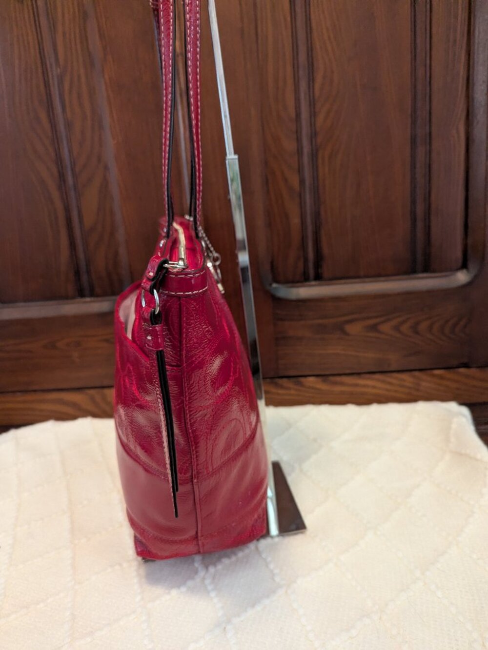 Coach Signature Striped Stitch Red Patent Leather Tote F19198 - Picture 4 of 12